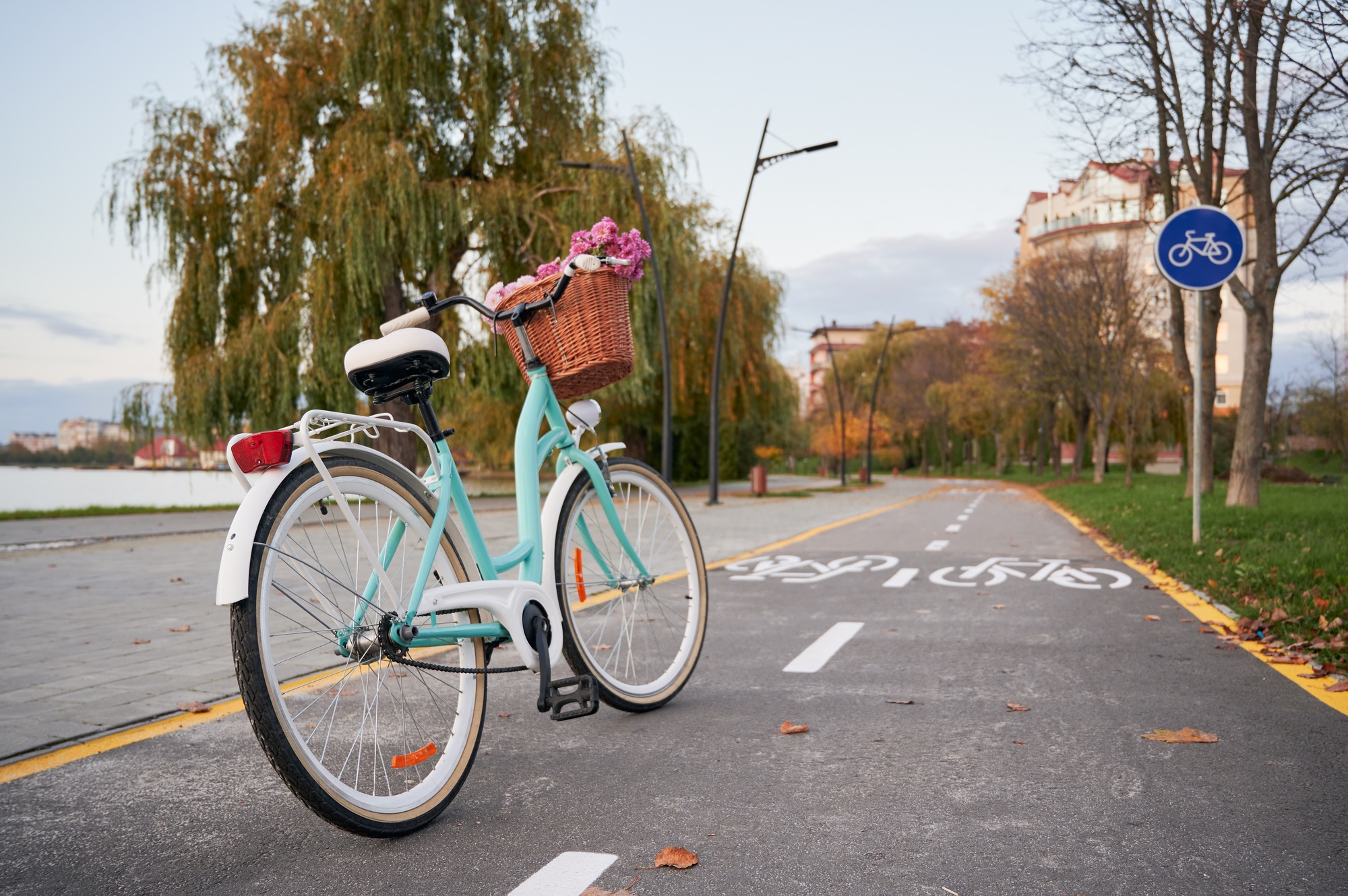 One blue women's retro bike on cycle path.