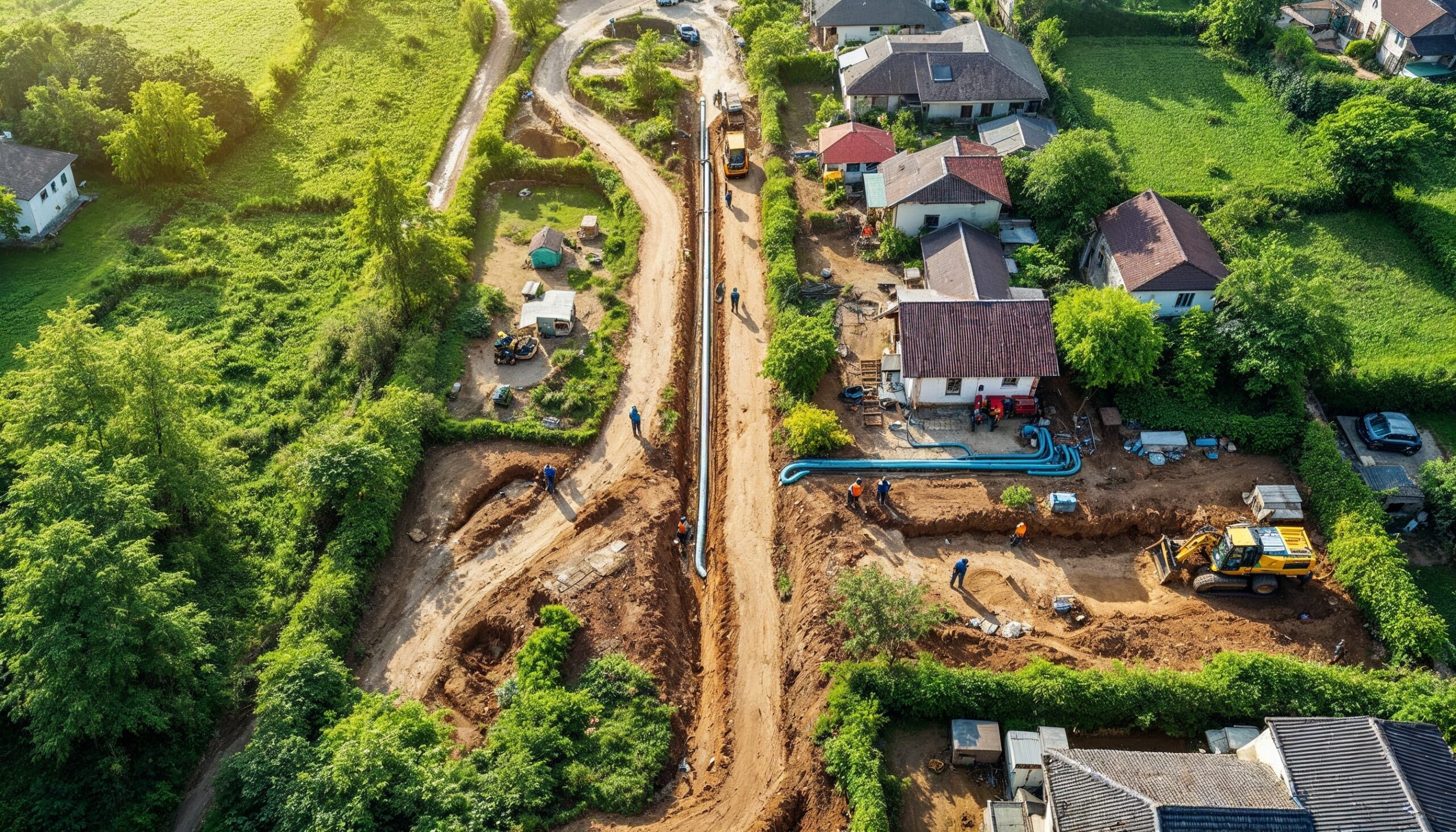 Widok z lotu ptaka na prace związane z instalacją sieci wodociągowej na terenach wiejskich. Na zdjęciu widoczne są wykopy, niebieskie rury, maszyny budowlane oraz pracownicy. Otoczenie to zielone pola, domy jednorodzinne i wiejska droga, co podkreśla lokalizację projektu w wiejskim krajobrazie.